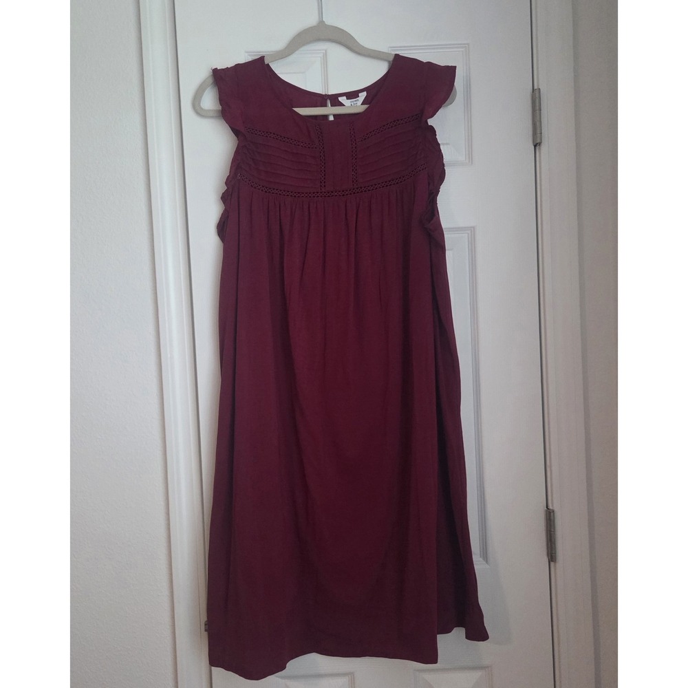 Crown & Ivy Burgundy Pintuck Shift Dress Ruffle Sleeve Cotton XXL Cottagecore